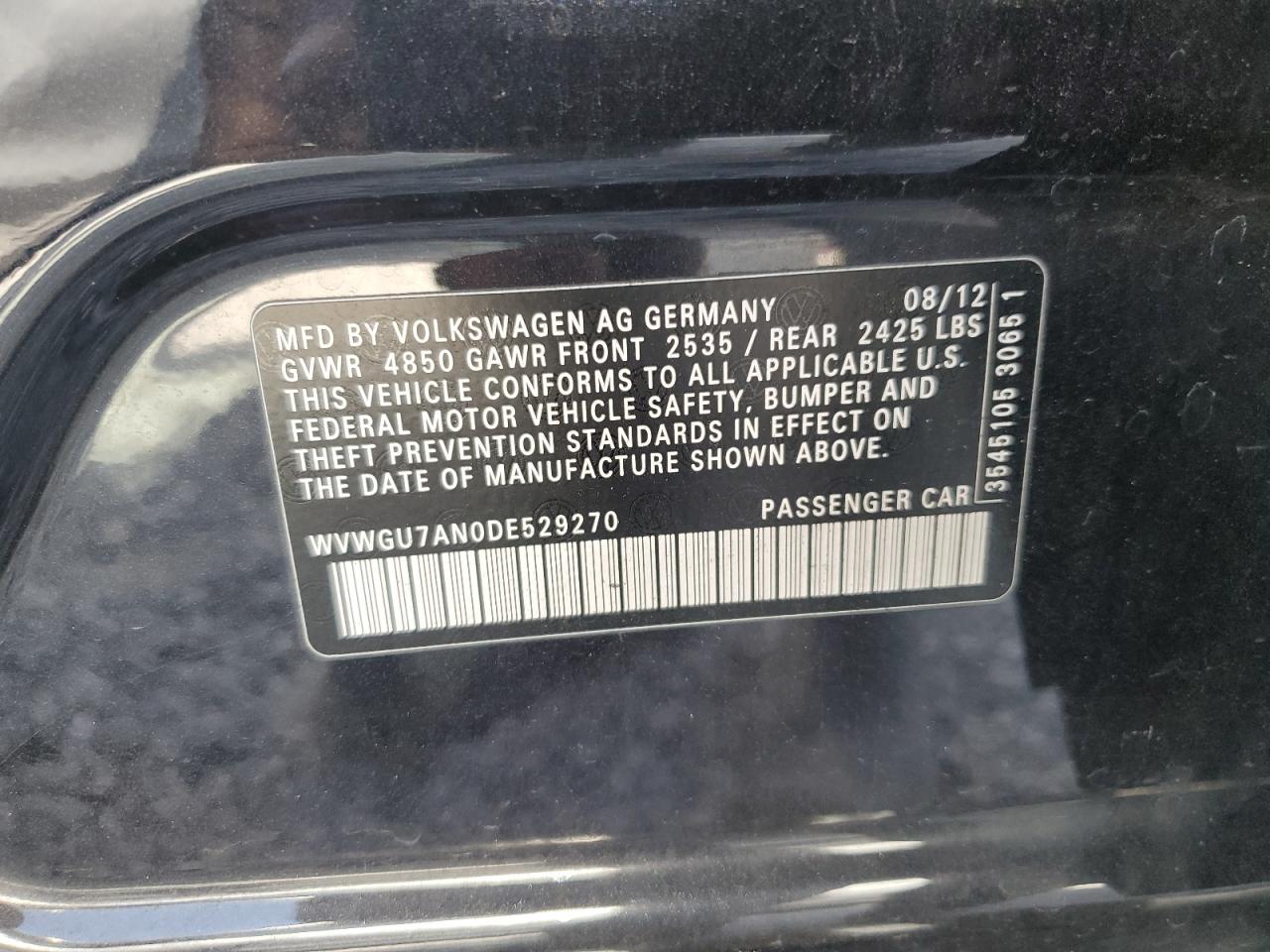2013 Volkswagen Cc Vr6 4Motion VIN: WVWGU7AN0DE529270 Lot: 63333555