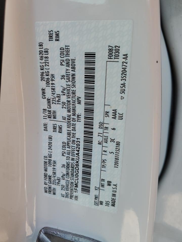 2019 Ford Escape Se VIN: 1FMCU0GD8KUA42031 Lot: 65472275