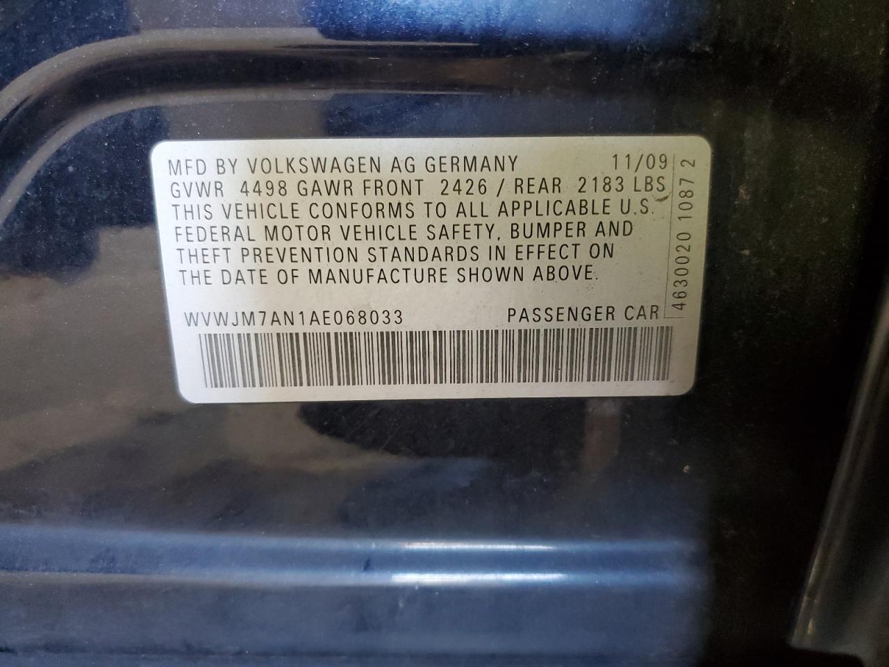 2010 Volkswagen Passat Komfort VIN: WVWJM7AN1AE068033 Lot: 65315545