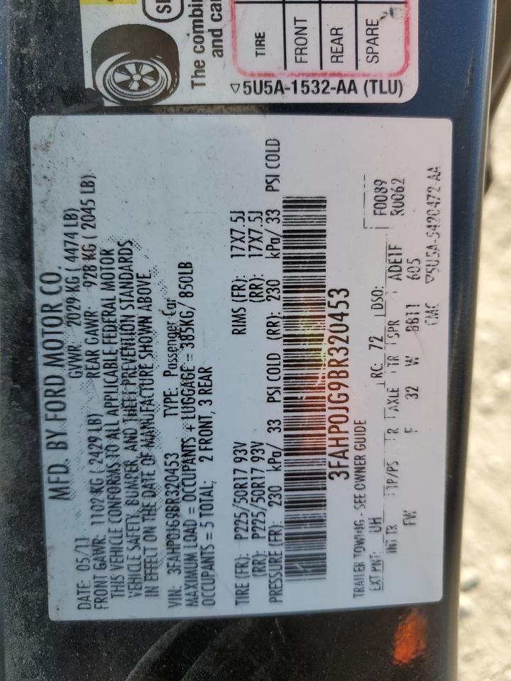 2011 Ford Fusion Sel VIN: 3FAHP0JG9BR320453 Lot: 65395135