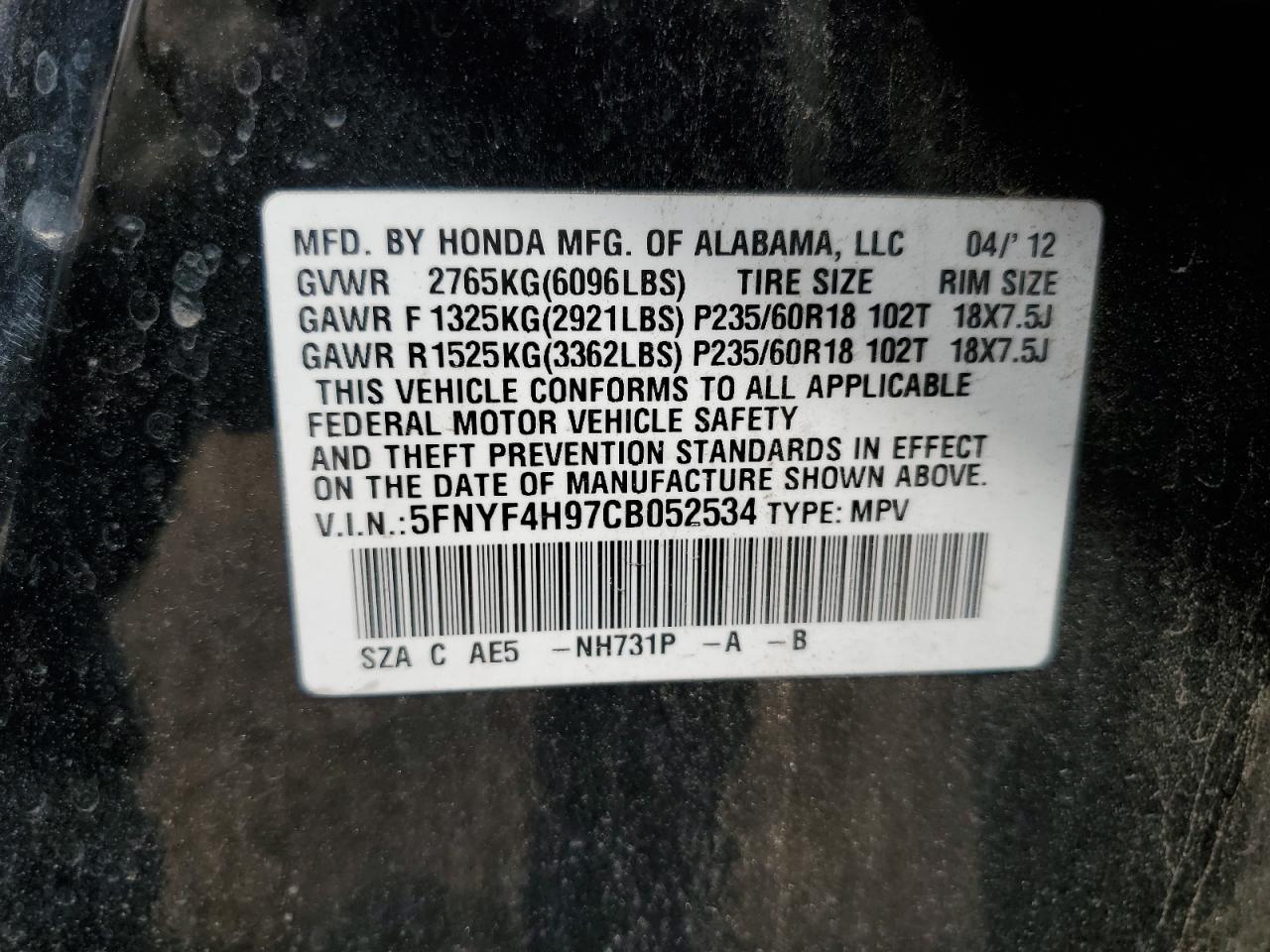 2012 Honda Pilot Touring VIN: 5FNYF4H97CB052534 Lot: 63121495