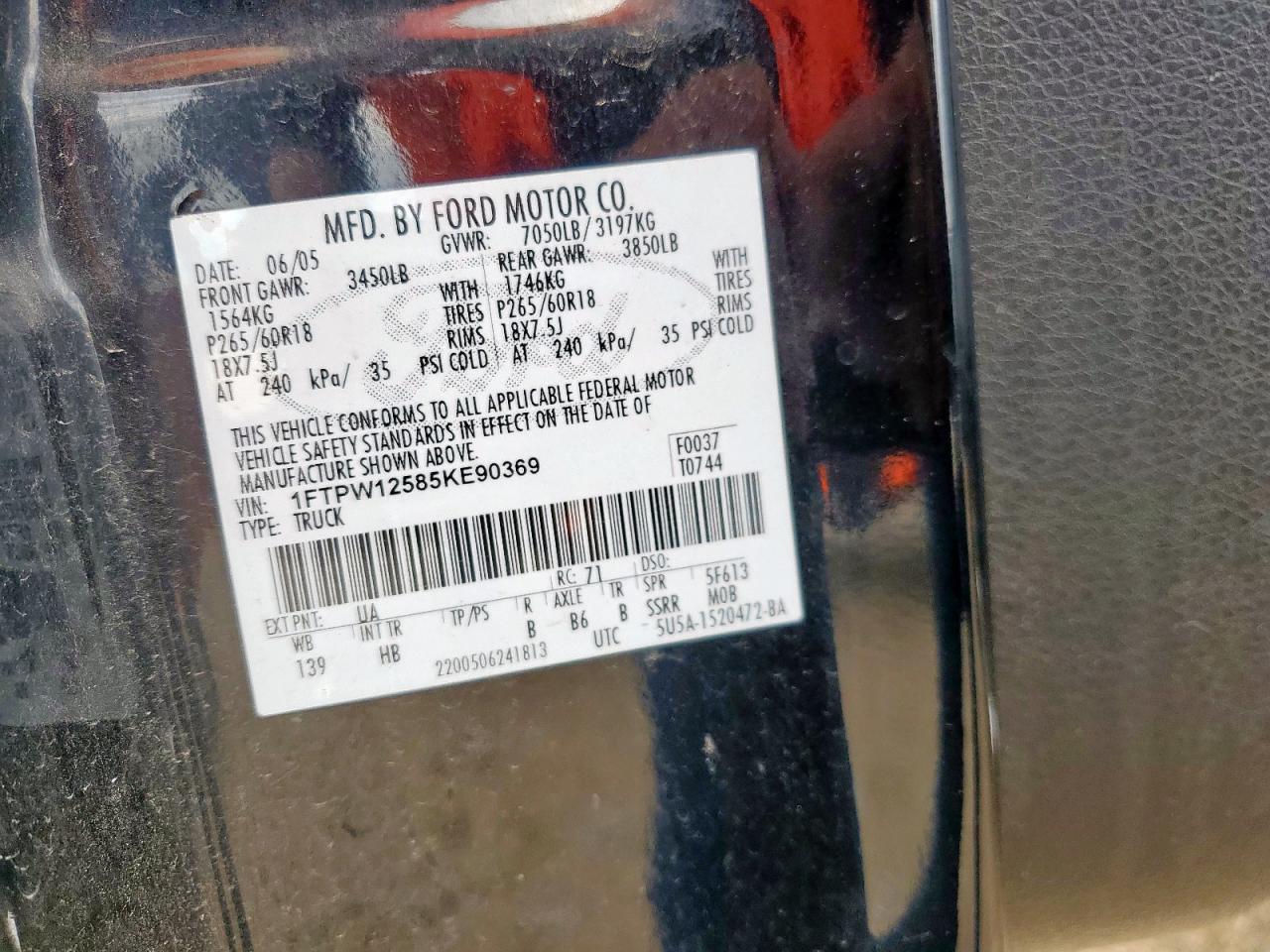 2005 Ford F150 Supercrew VIN: 1FTPW12585KE90369 Lot: 62142855
