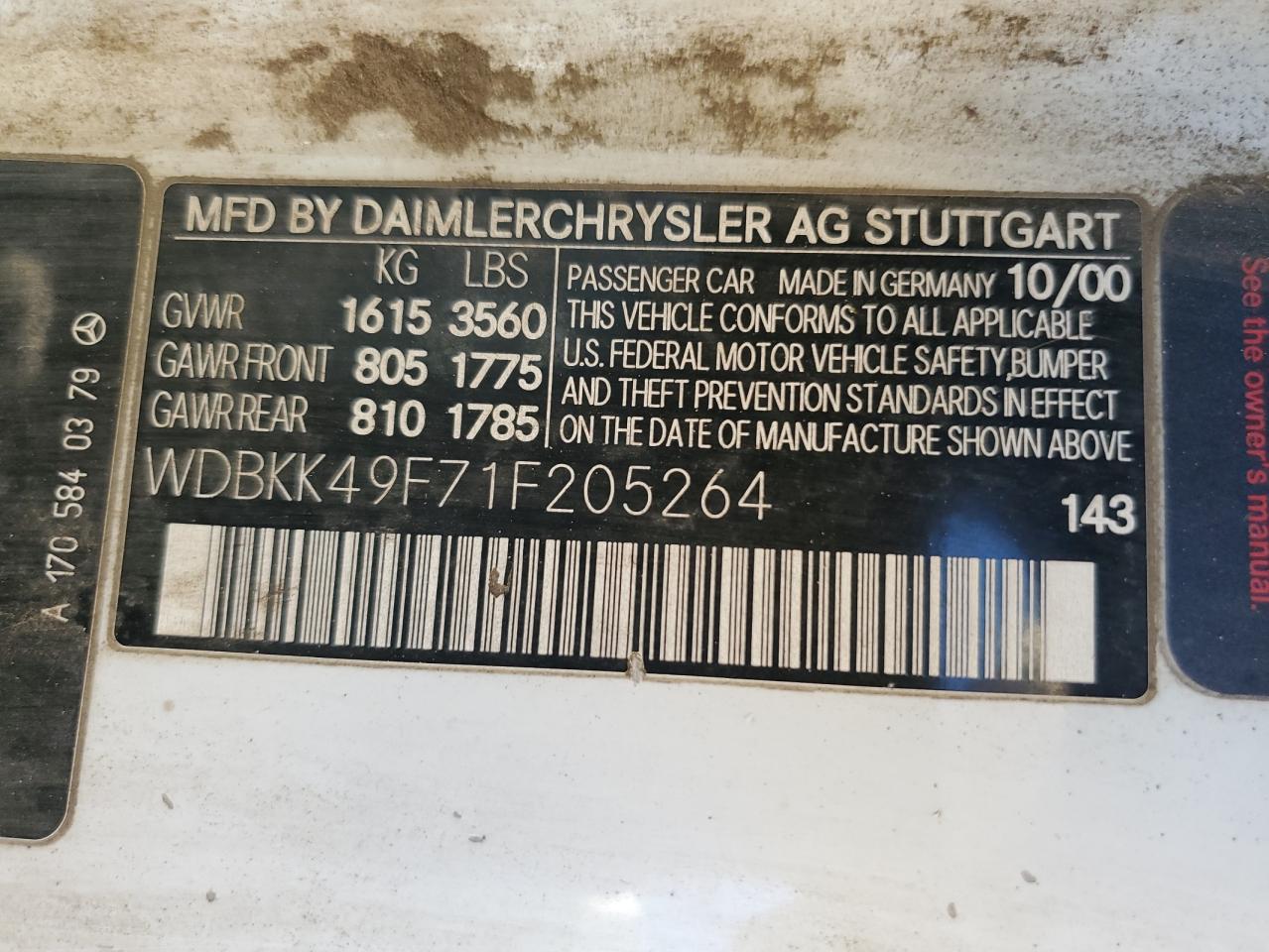 2001 Mercedes-Benz Slk 230 Kompressor VIN: WDBKK49F71F205264 Lot: 64061865