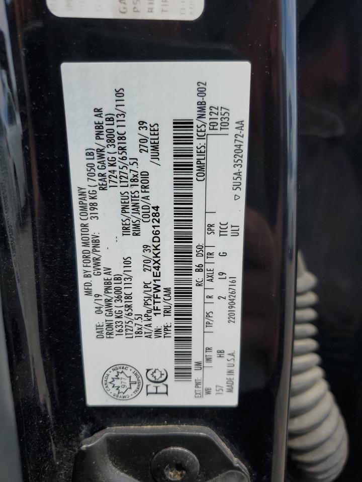 2019 Ford F150 Supercrew VIN: 1FTFW1E4XKKD61284 Lot: 64295275