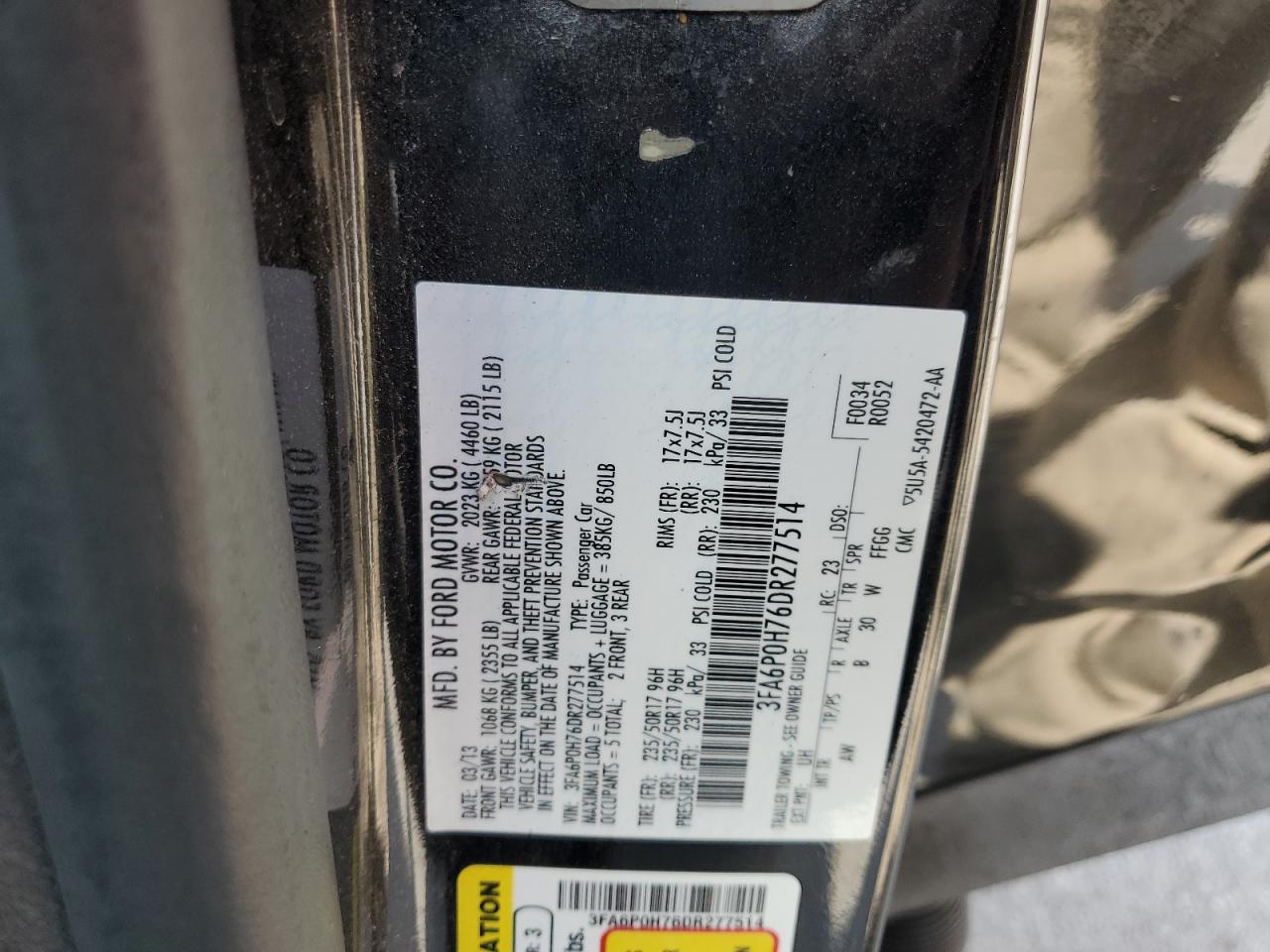2013 Ford Fusion Se VIN: 3FA6P0H76DR277514 Lot: 65345825