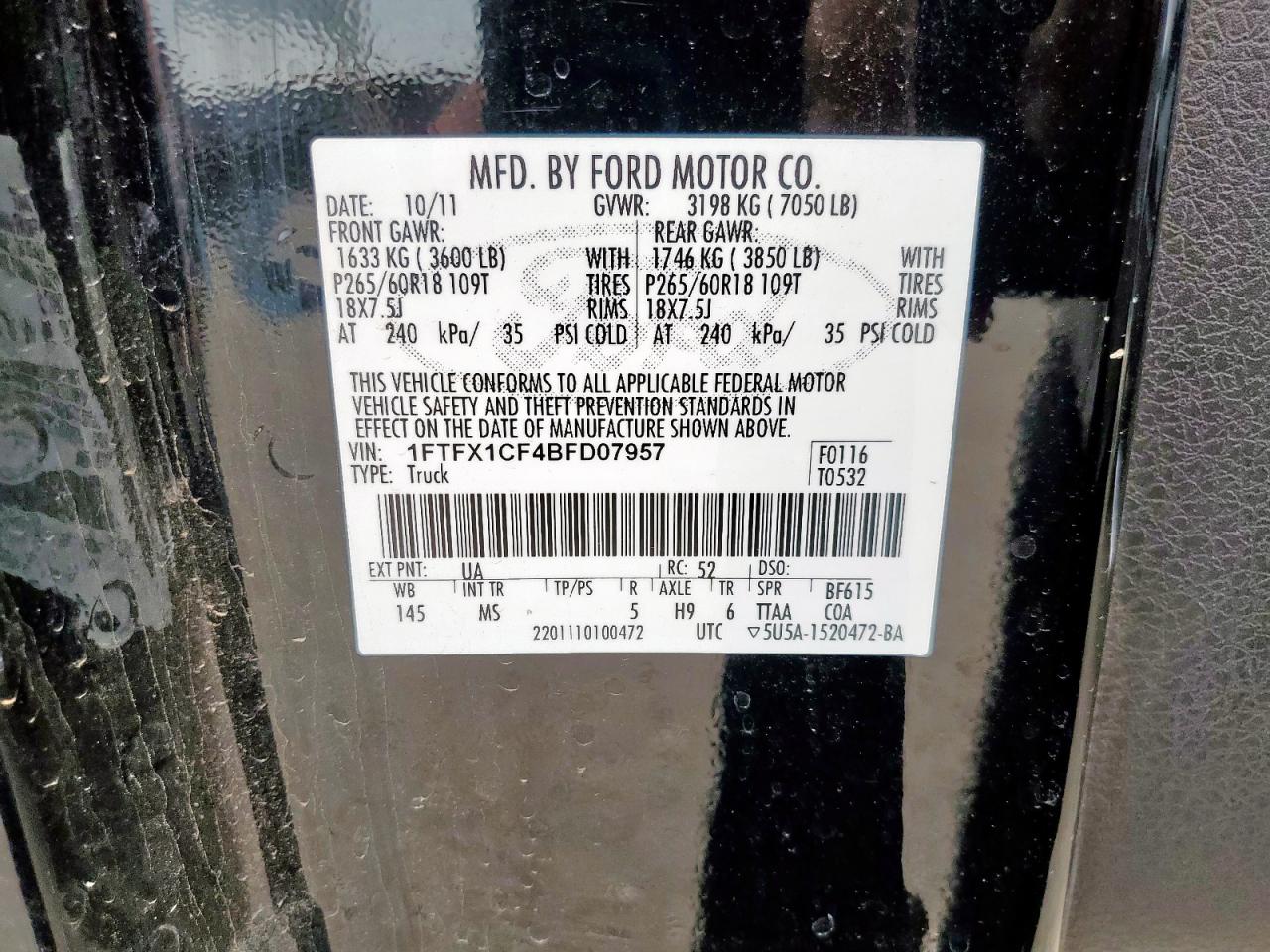 2011 Ford F150 Super Cab VIN: 1FTFX1CF4BFD07957 Lot: 63035015