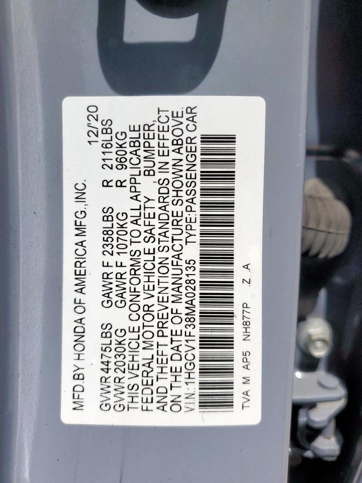 2021 Honda Accord Sport VIN: 1HGCV1F38MA028135 Lot: 64569235