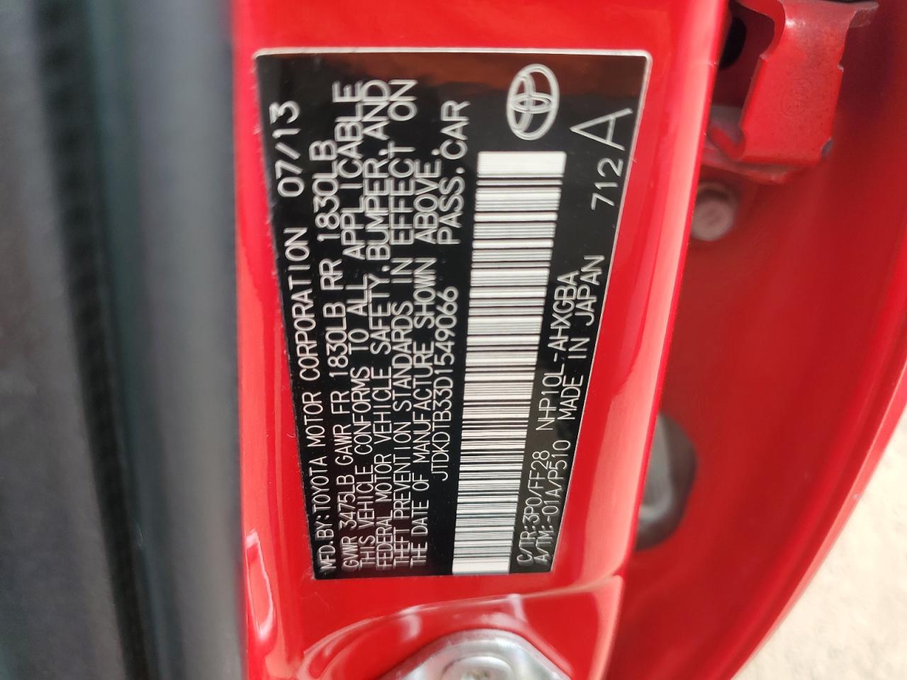 2013 Toyota Prius C VIN: JTDKDTB33D1549066 Lot: 63504335