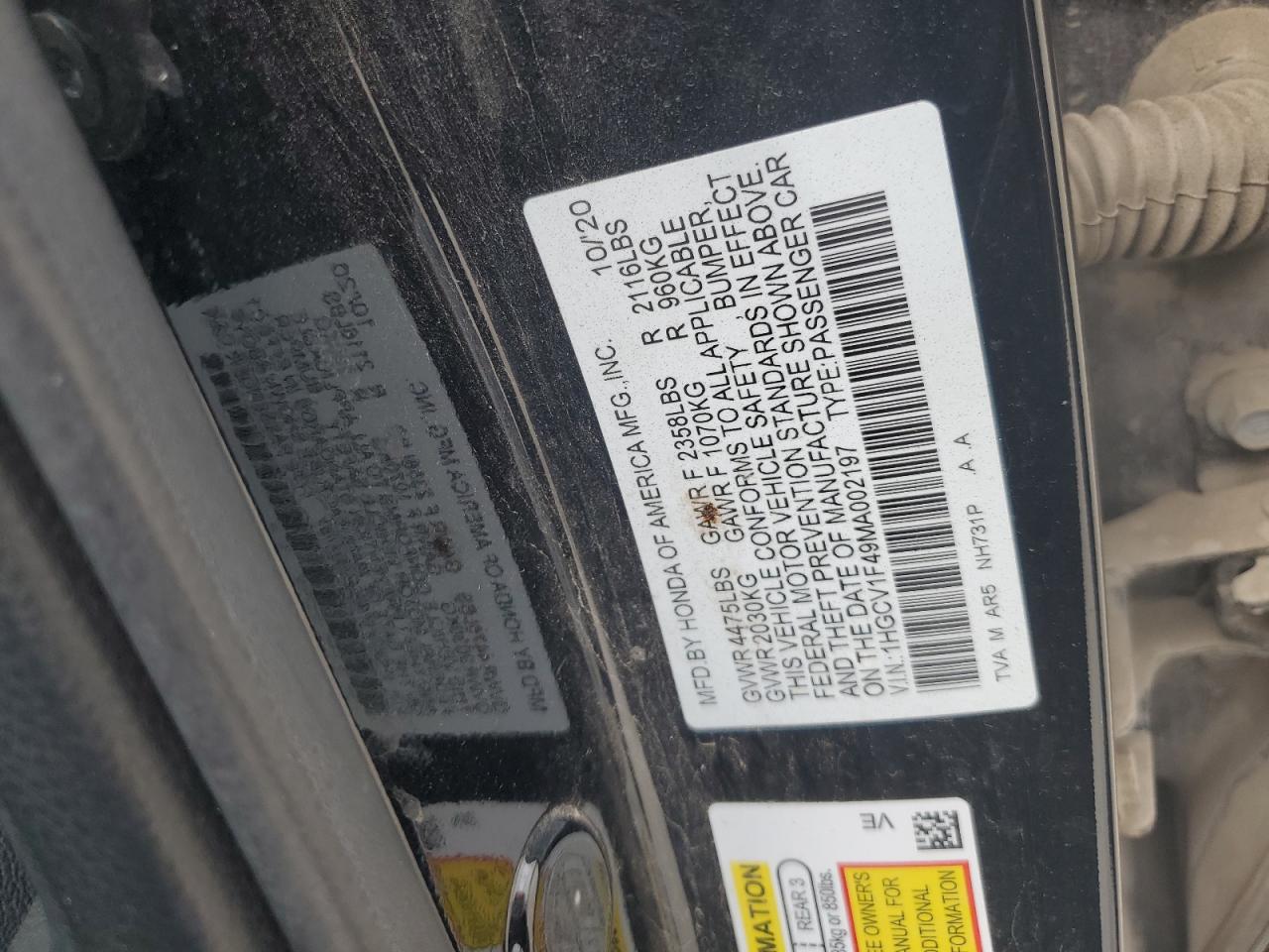 2021 Honda Accord Sport Se VIN: 1HGCV1F49MA002197 Lot: 65461645