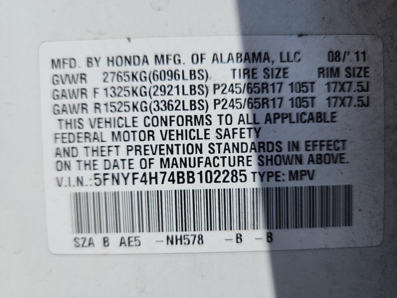 2011 Honda Pilot Exln VIN: 5FNYF4H74BB102285 Lot: 63968795