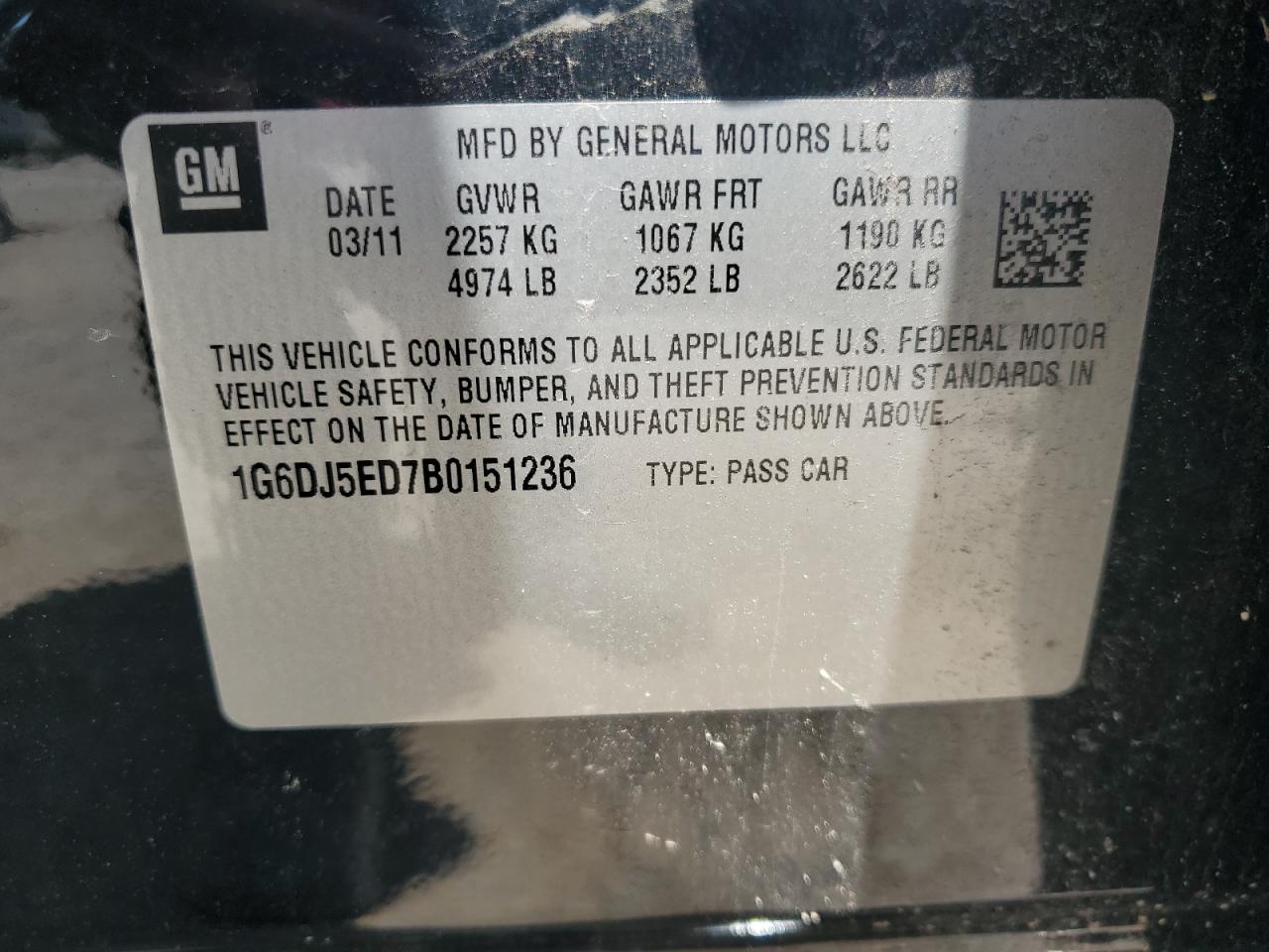 2011 Cadillac Cts Performance Collection VIN: 1G6DJ5ED7B0151236 Lot: 62953135