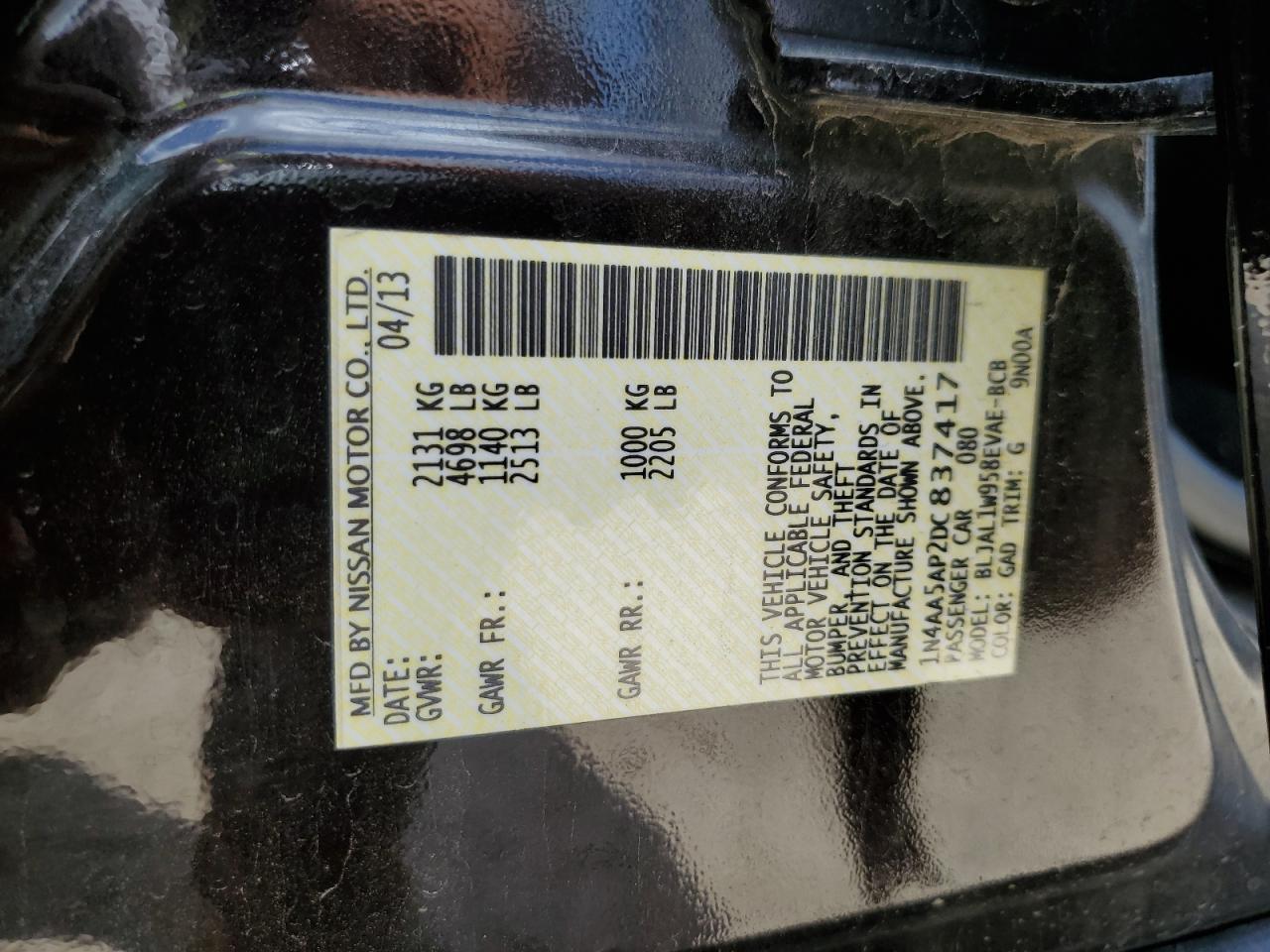 2013 Nissan Maxima S VIN: 1N4AA5AP2DC837417 Lot: 63284755