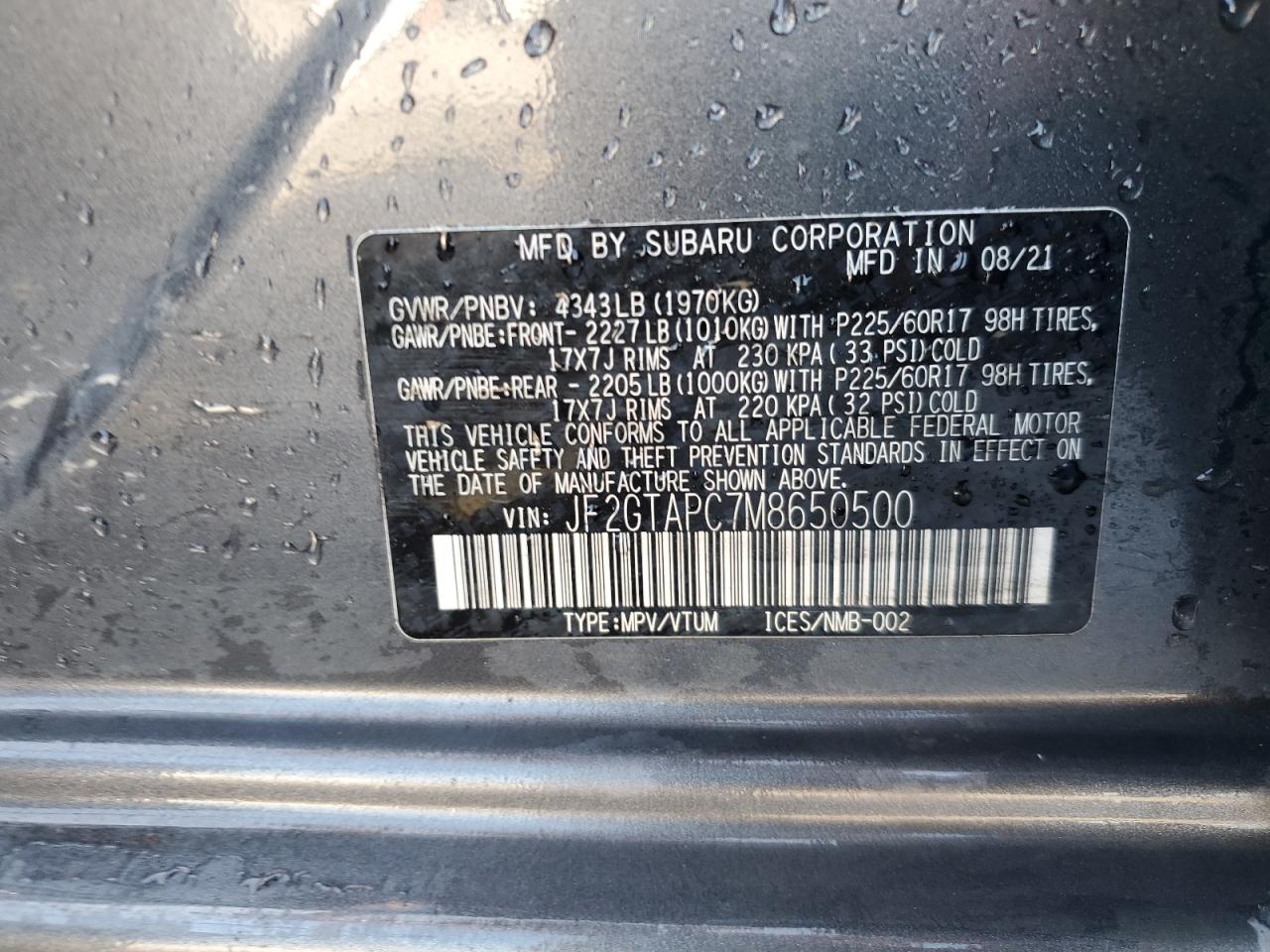 2021 Subaru Crosstrek Premium VIN: JF2GTAPC7M8650500 Lot: 66388215