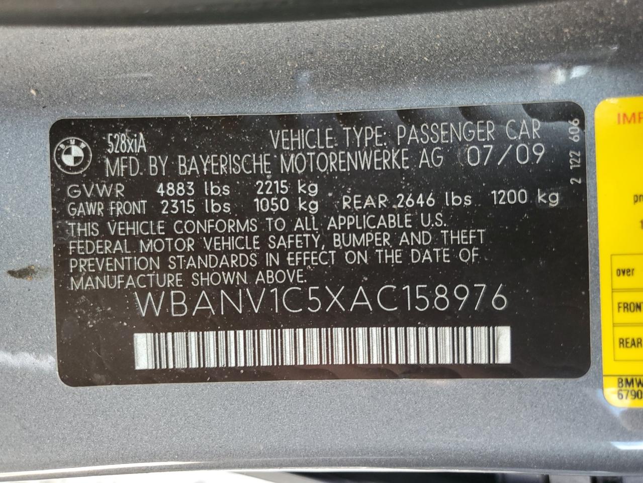 2010 BMW 528 Xi VIN: WBANV1C5XAC158976 Lot: 63307945