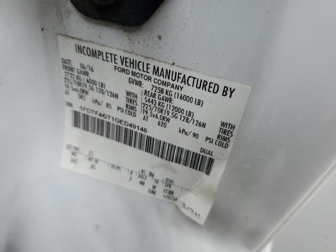 2016 Ford F450 Super Duty VIN: 1FDTF4GT1GED49146 Lot: 64929345