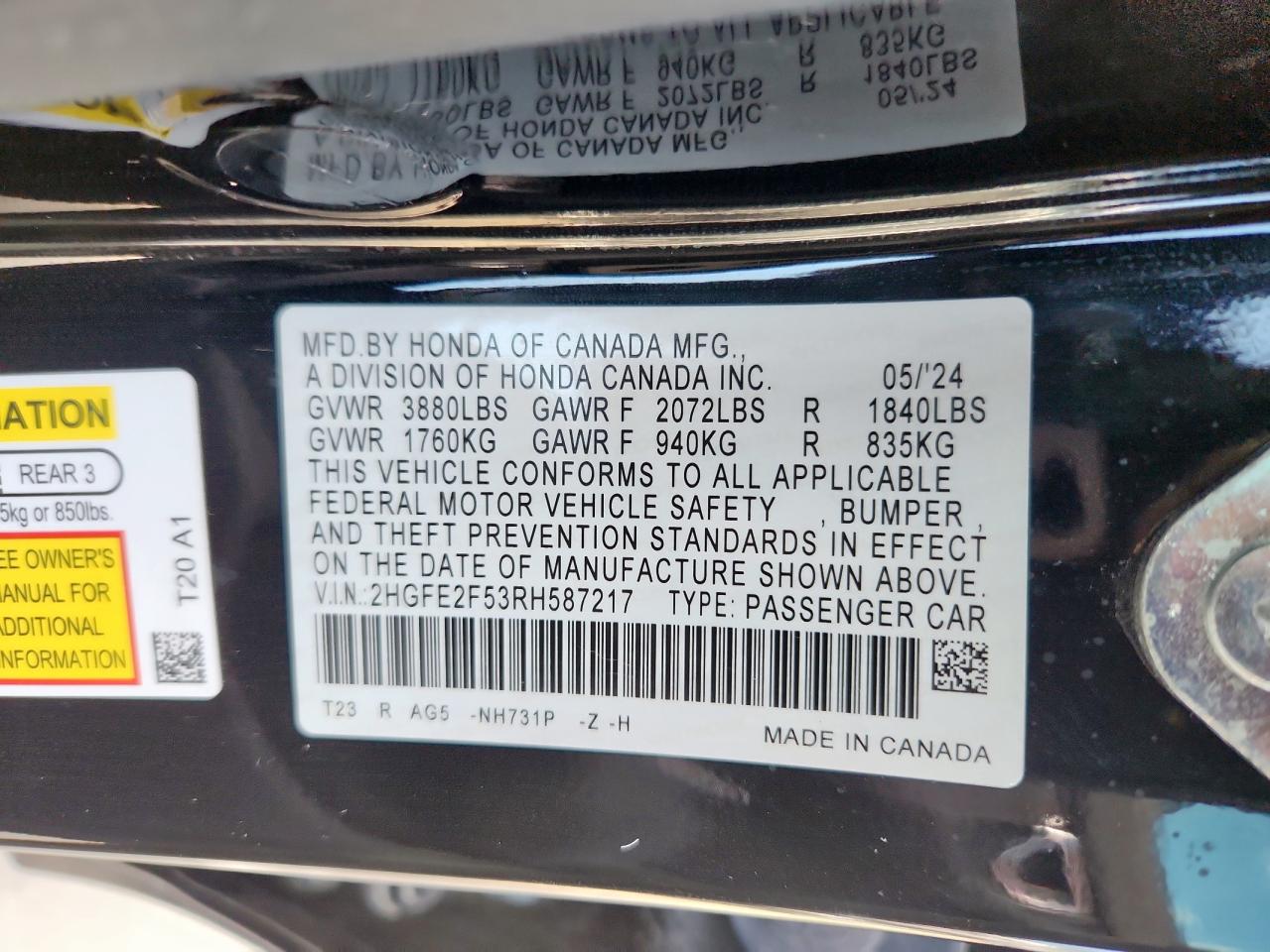 2024 Honda Civic Sport VIN: 2HGFE2F53RH587217 Lot: 65649795
