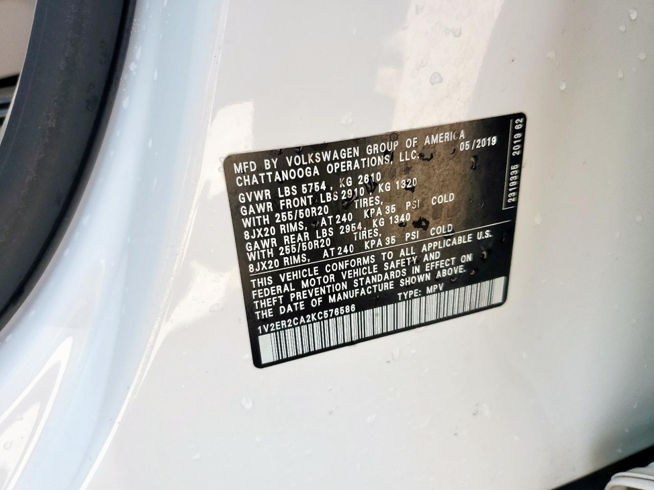 2019 Volkswagen Atlas Sel VIN: 1V2ER2CA2KC576586 Lot: 64265895