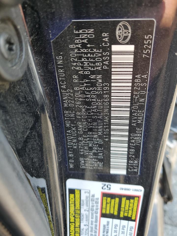 2022 Toyota Camry Se VIN: 4T1G11AK3NU668193 Lot: 64335695