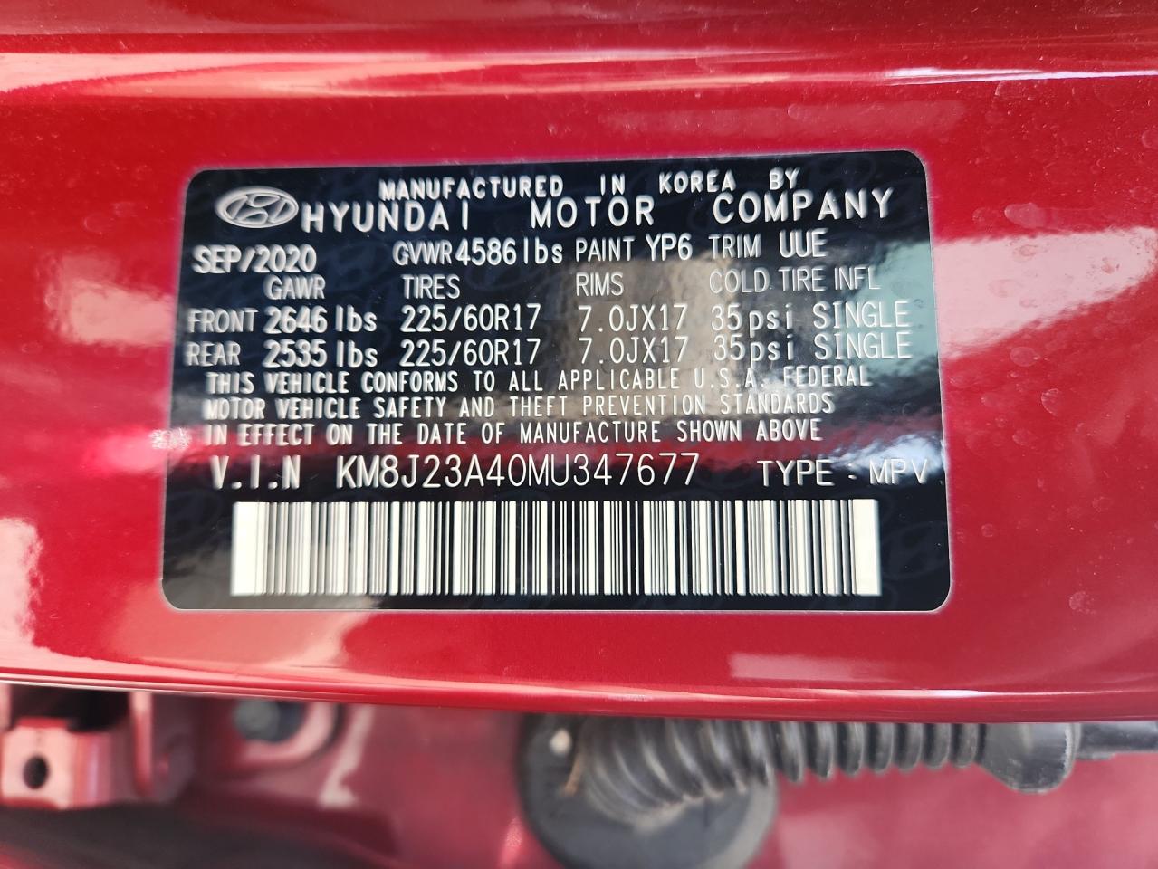 2021 Hyundai Tucson Se VIN: KM8J23A40MU347677 Lot: 64846905