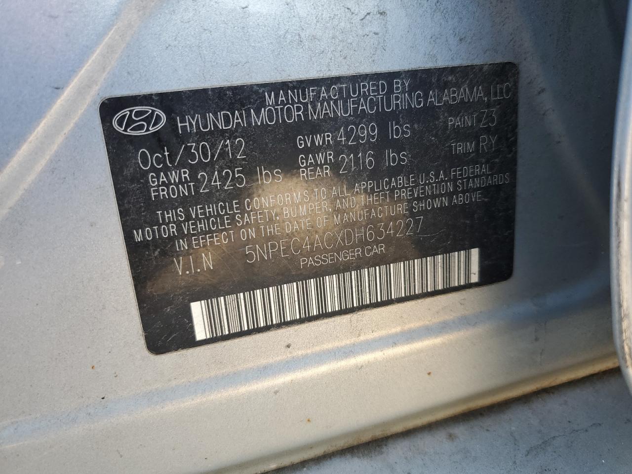2013 Hyundai Sonata Se VIN: 5NPEC4ACXDH634227 Lot: 65918335