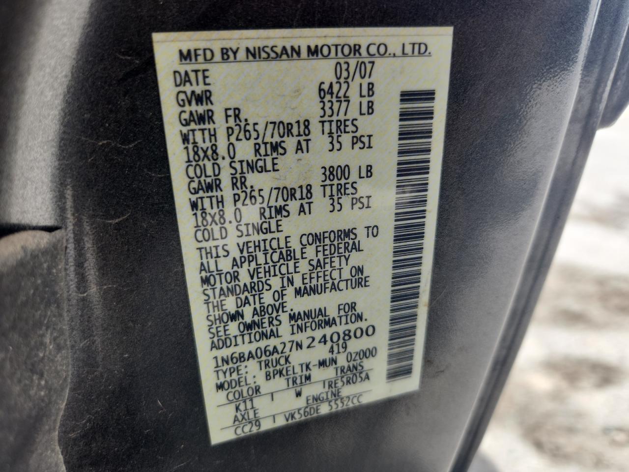 2007 Nissan Titan Xe VIN: 1N6BA06A27N240800 Lot: 63358835