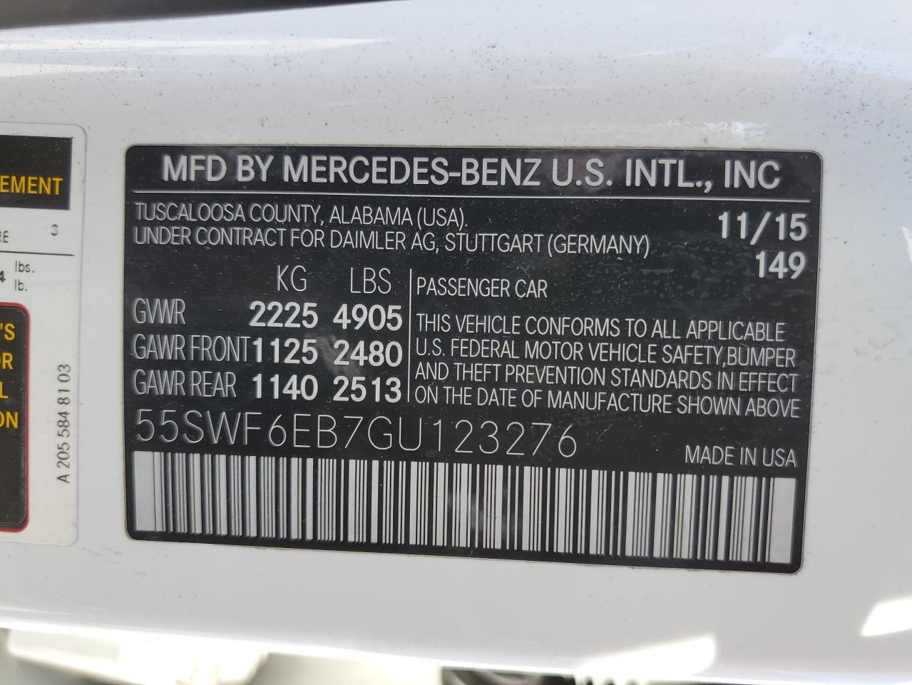 2016 Mercedes-Benz C 450 4Matic Amg VIN: 55SWF6EB7GU123276 Lot: 64497675