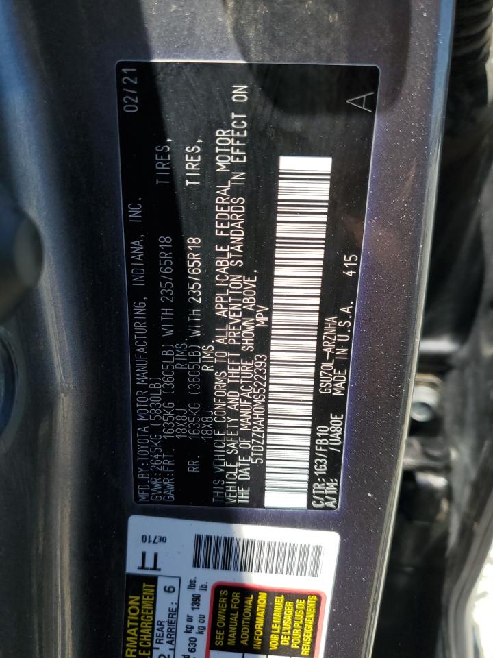 2021 Toyota Highlander L VIN: 5TDZZRAH0MS522393 Lot: 64006205
