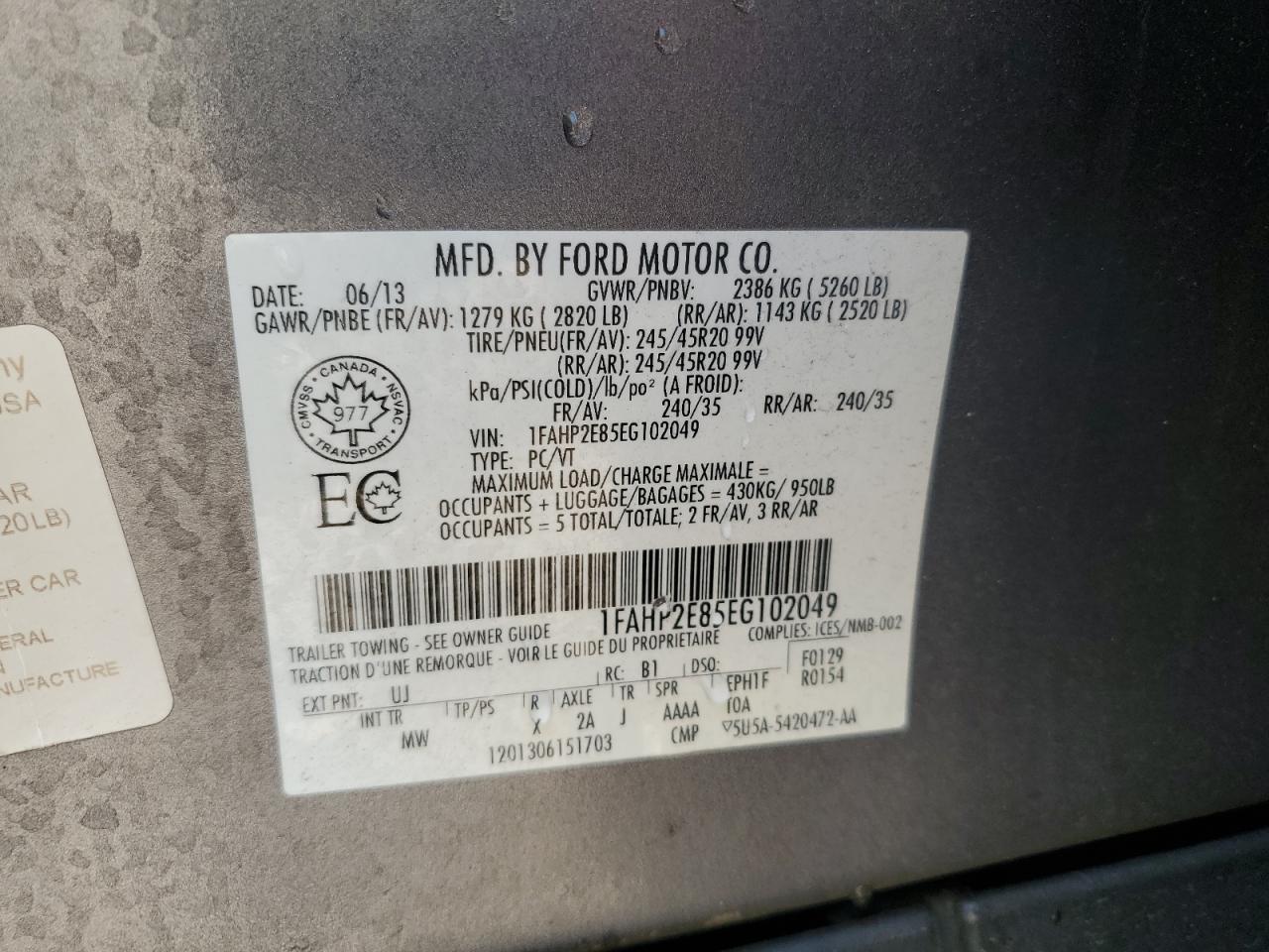 2014 Ford Taurus Sel VIN: 1FAHP2E85EG102049 Lot: 64037275