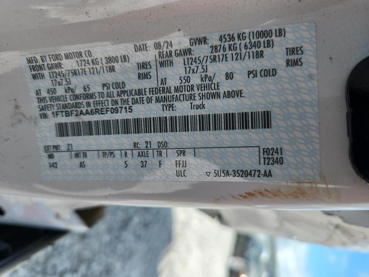 2024 Ford F250 Super Duty VIN: 1FTBF2AA6REF09715 Lot: 64954425