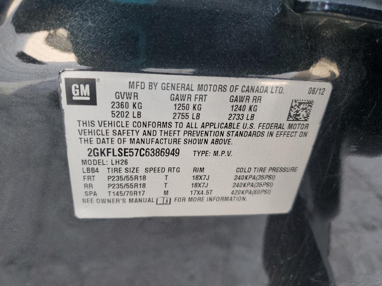 2012 GMC Terrain Sle VIN: 2GKFLSE57C6386949 Lot: 64615385