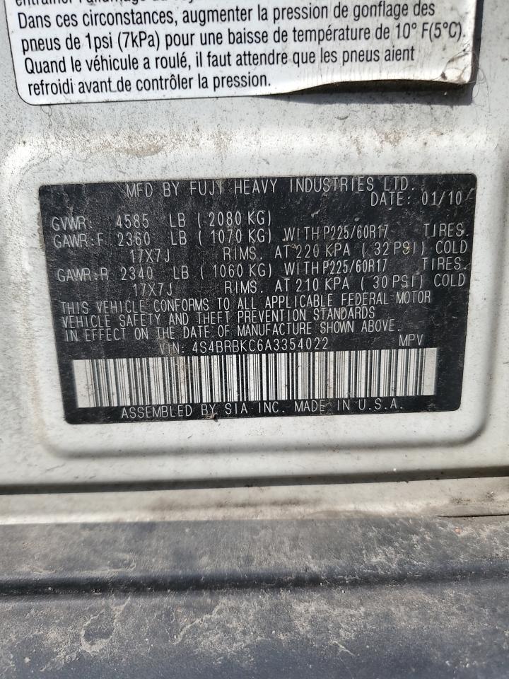 2010 Subaru Outback 2.5I Limited VIN: 4S4BRBKC6A3354022 Lot: 64994925