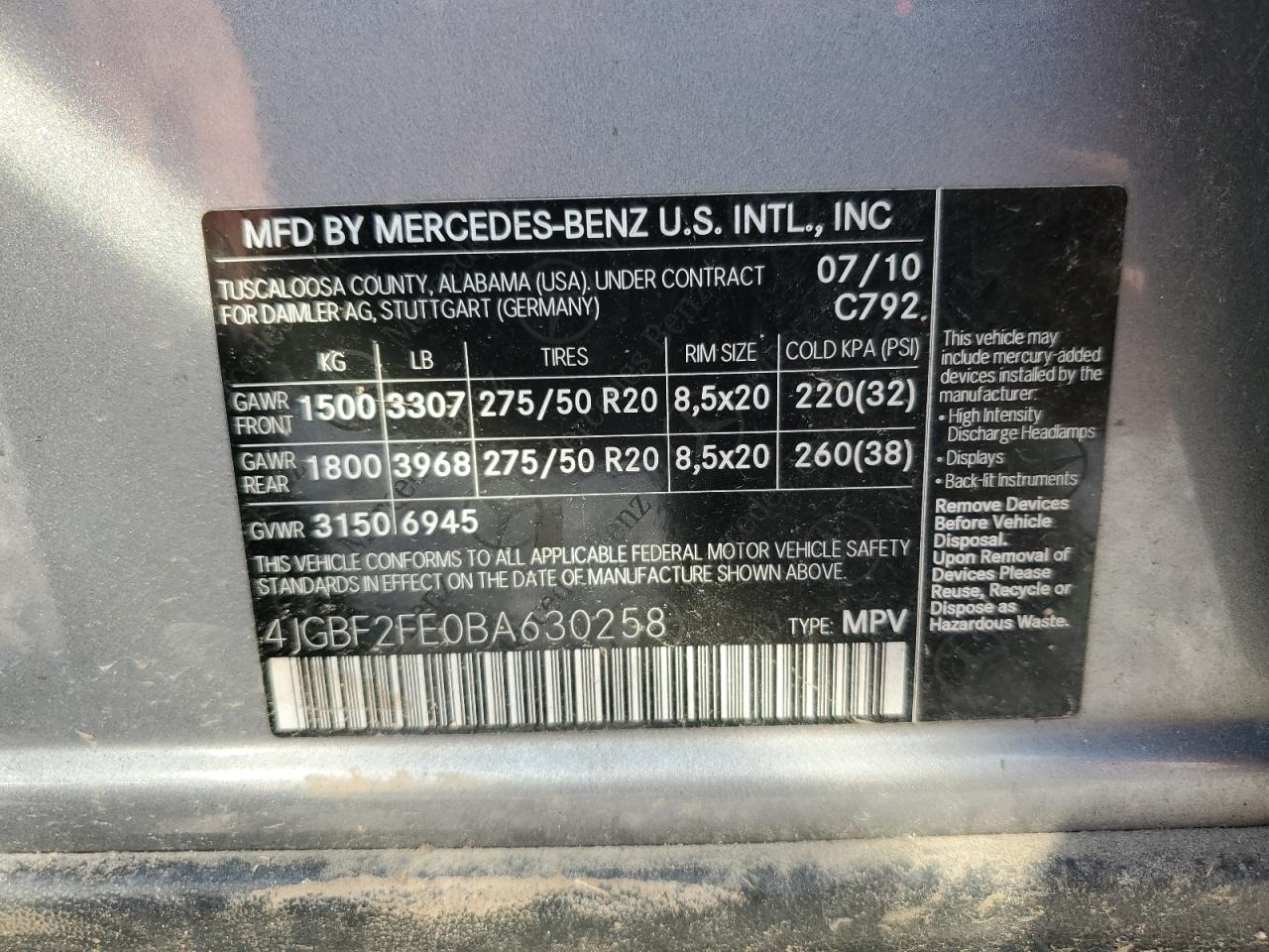 2011 Mercedes-Benz Gl 350 Bluetec VIN: 4JGBF2FE0BA630258 Lot: 64030575