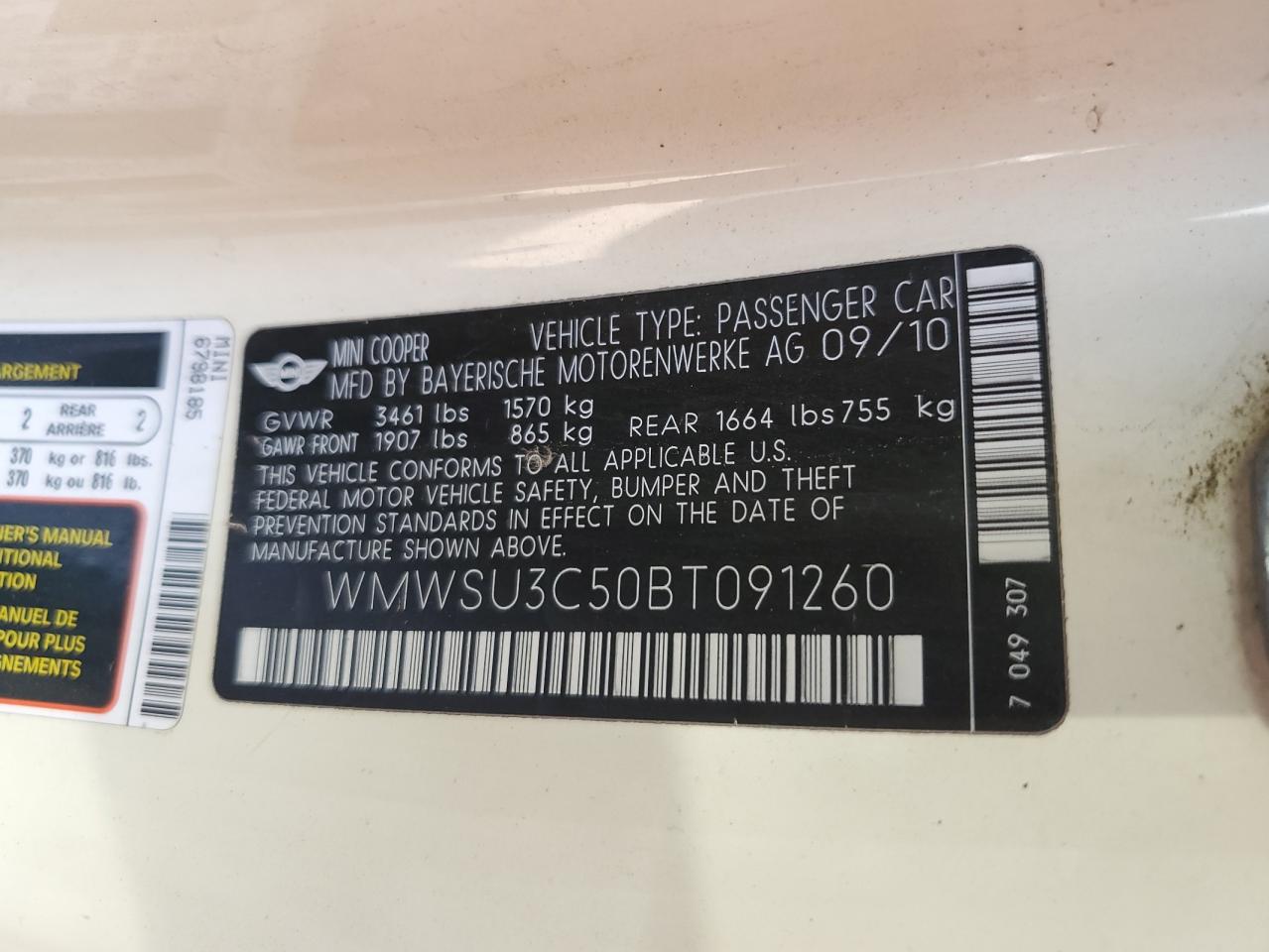 2011 Mini Cooper VIN: WMWSU3C50BT091260 Lot: 64849895