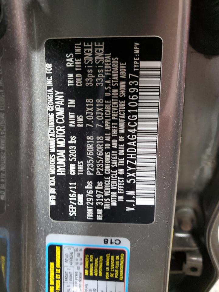 2012 Hyundai Santa Fe Se VIN: 5XYZHDAG4CG106937 Lot: 65358435