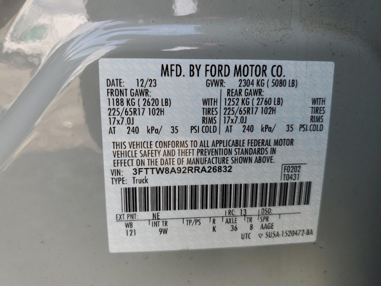 2024 Ford Maverick Xl VIN: 3FTTW8A92RRA26832 Lot: 62675495