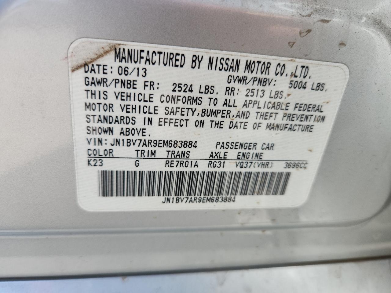2014 Infiniti Q50 Base VIN: JN1BV7AR9EM683884 Lot: 64701995