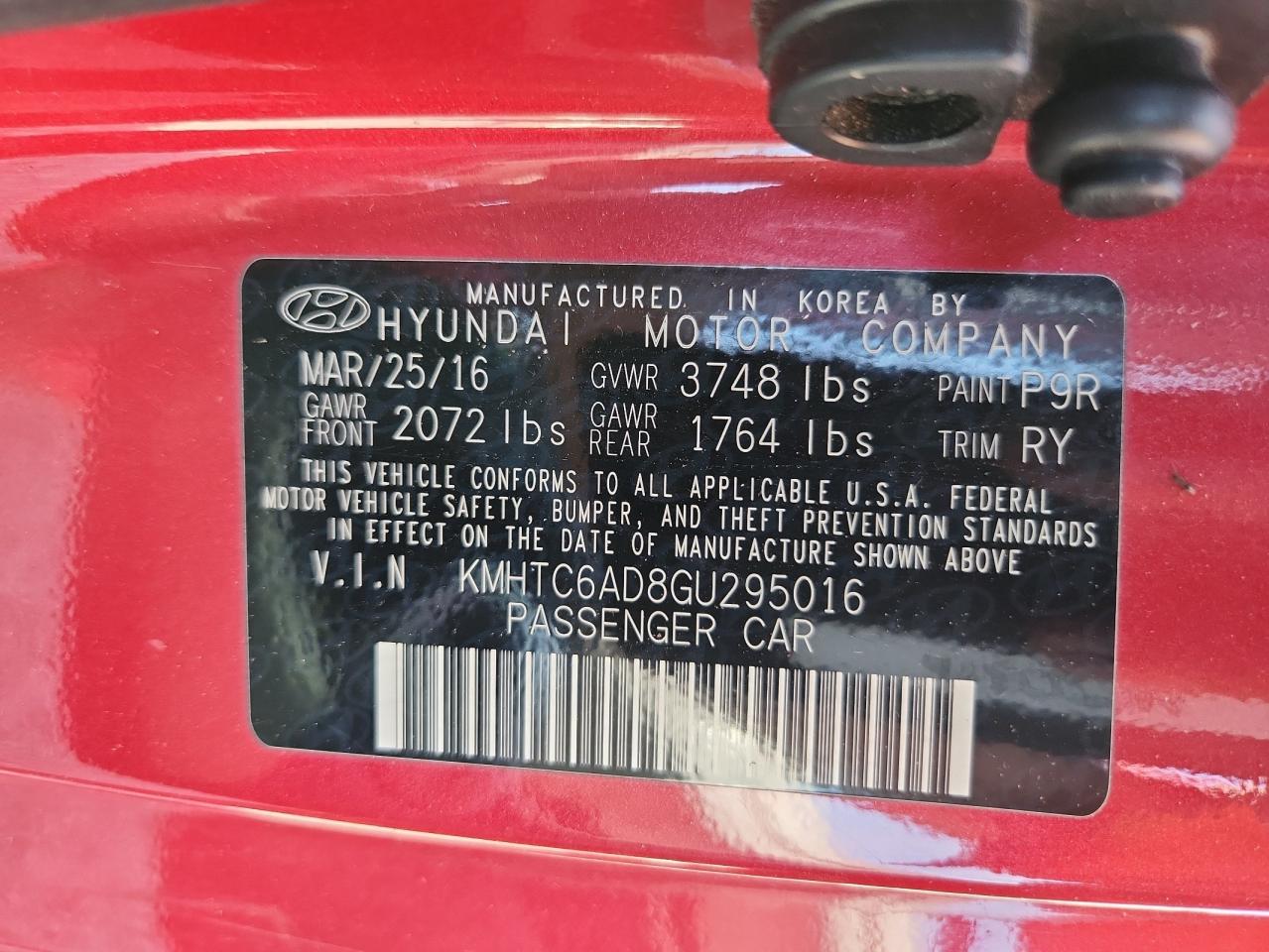 2016 Hyundai Veloster VIN: KMHTC6AD8GU295016 Lot: 63411765