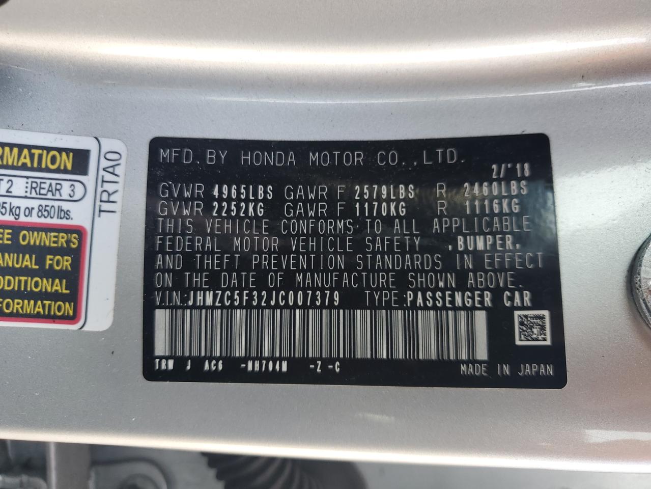 2018 Honda Clarity Touring VIN: JHMZC5F32JC007379 Lot: 66669985