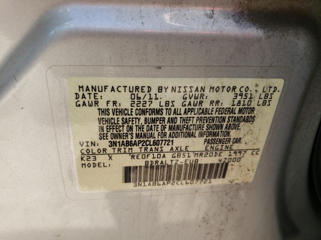2012 Nissan Sentra 2.0 VIN: 3N1AB6AP2CL607721 Lot: 62948695