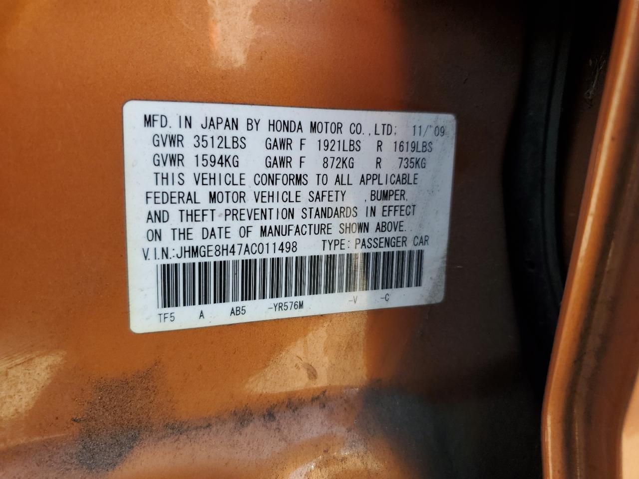 2010 Honda Fit Sport VIN: JHMGE8H47AC011498 Lot: 61945785