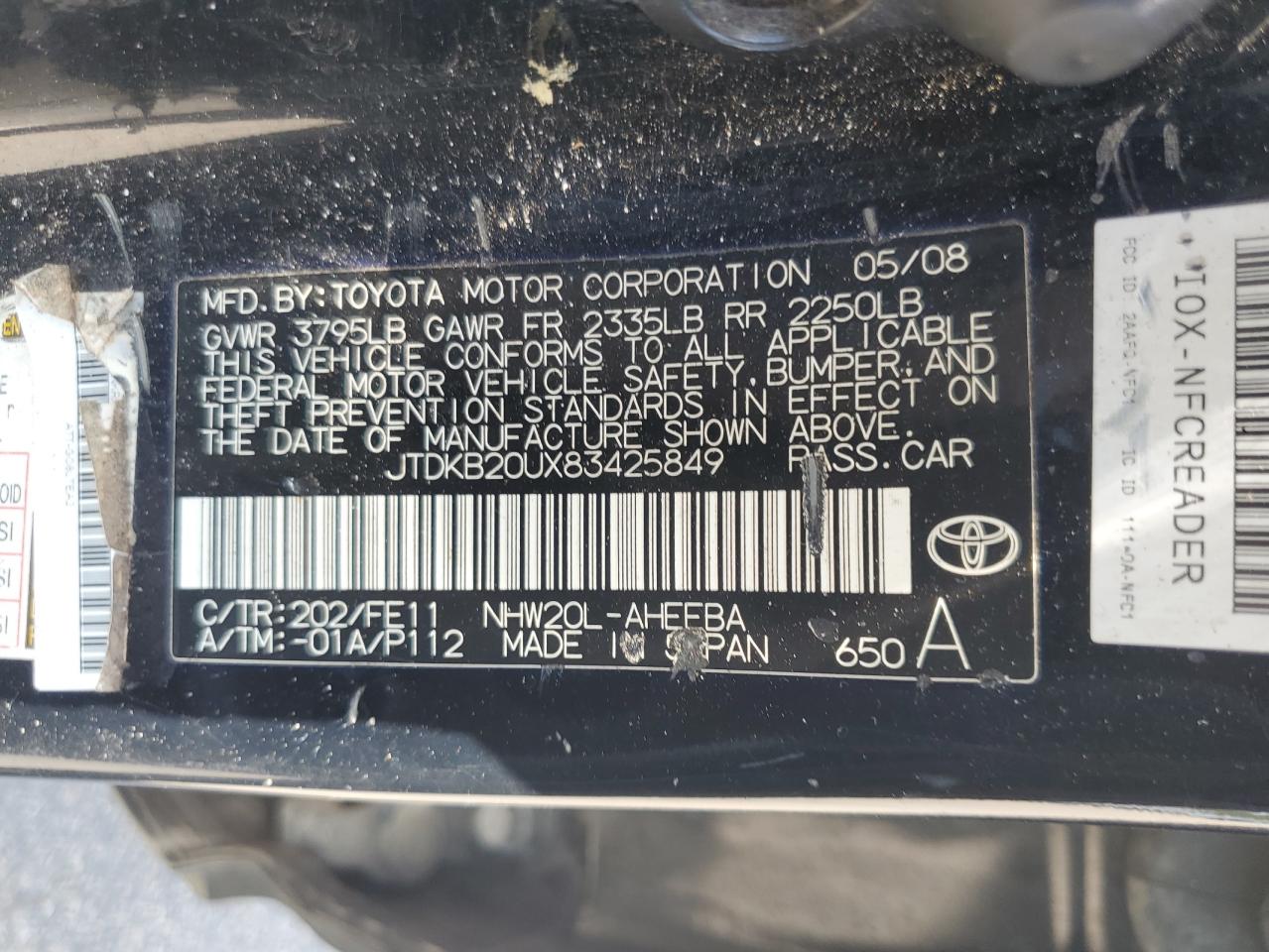 2008 Toyota Prius VIN: JTDKB20UX83425849 Lot: 64812815