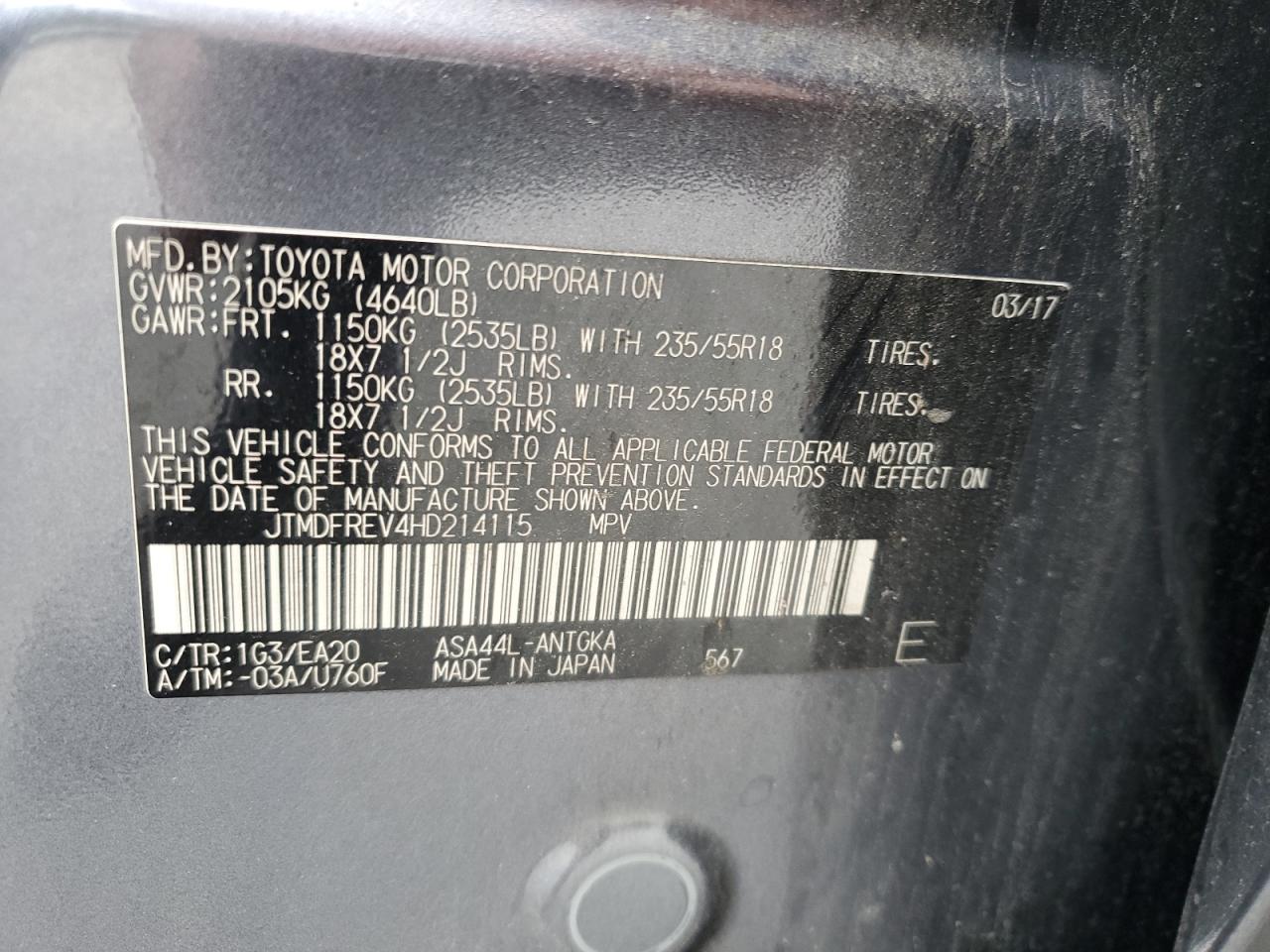 2017 Toyota Rav4 Limited VIN: JTMDFREV4HD214115 Lot: 63806375