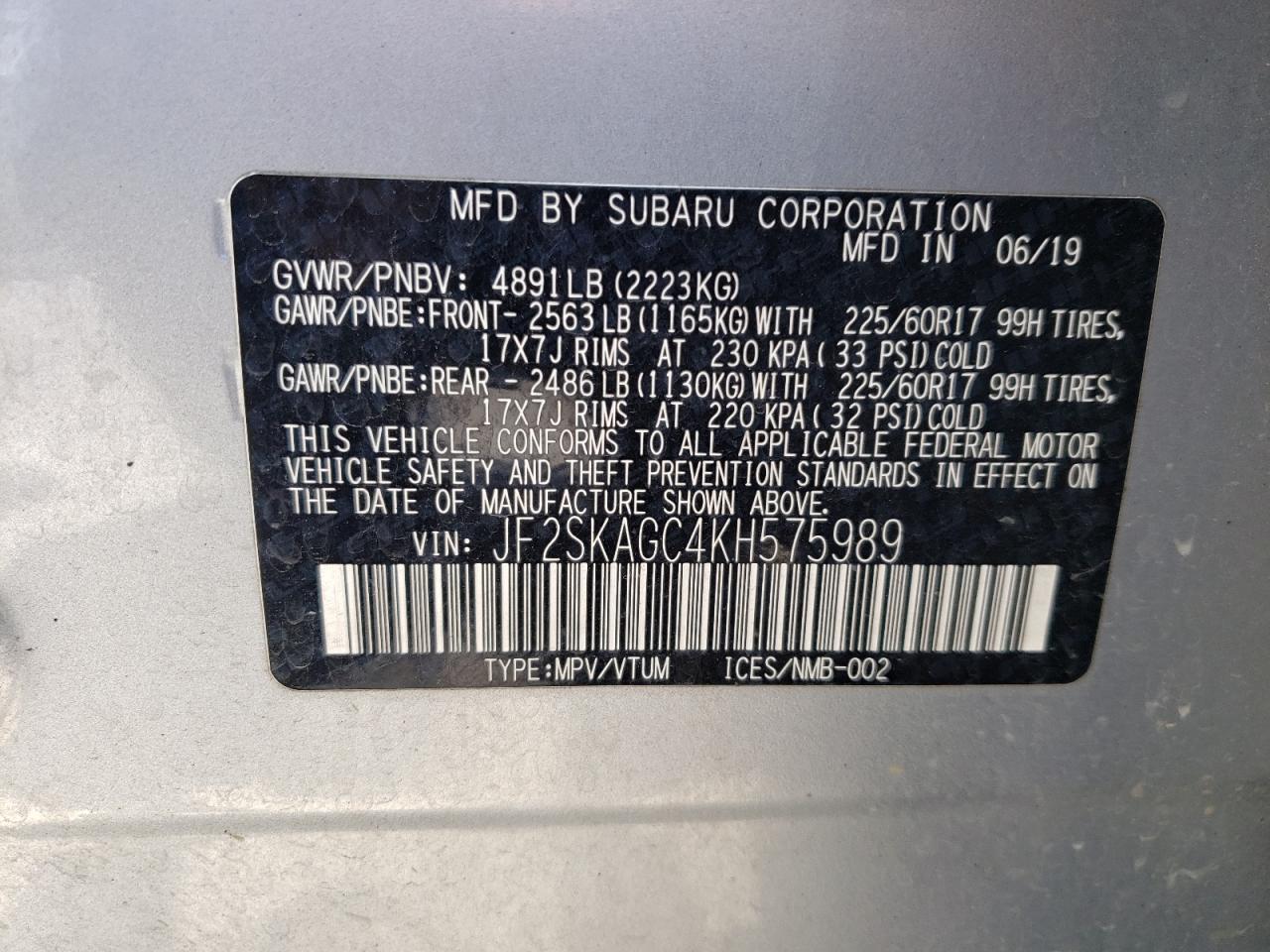 2019 Subaru Forester Premium VIN: JF2SKAGC4KH575989 Lot: 65371875