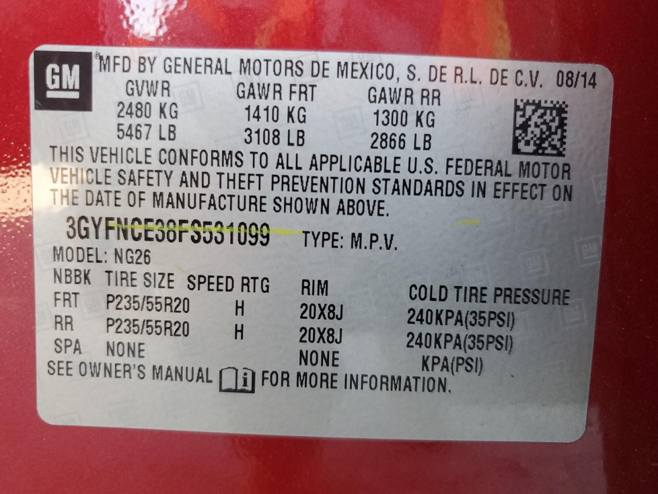 2015 Cadillac Srx Performance Collection VIN: 3GYFNCE38FS531099 Lot: 64651235