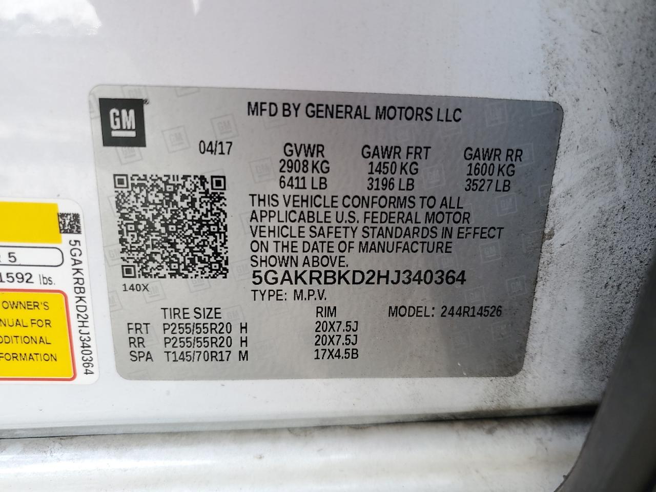 2017 Buick Enclave VIN: 5GAKRBKD2HJ340364 Lot: 63659915