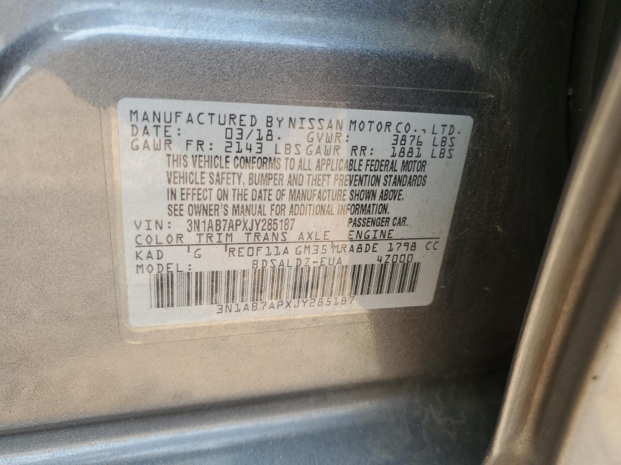 2018 Nissan Sentra S VIN: 3N1AB7APXJY285187 Lot: 66916315