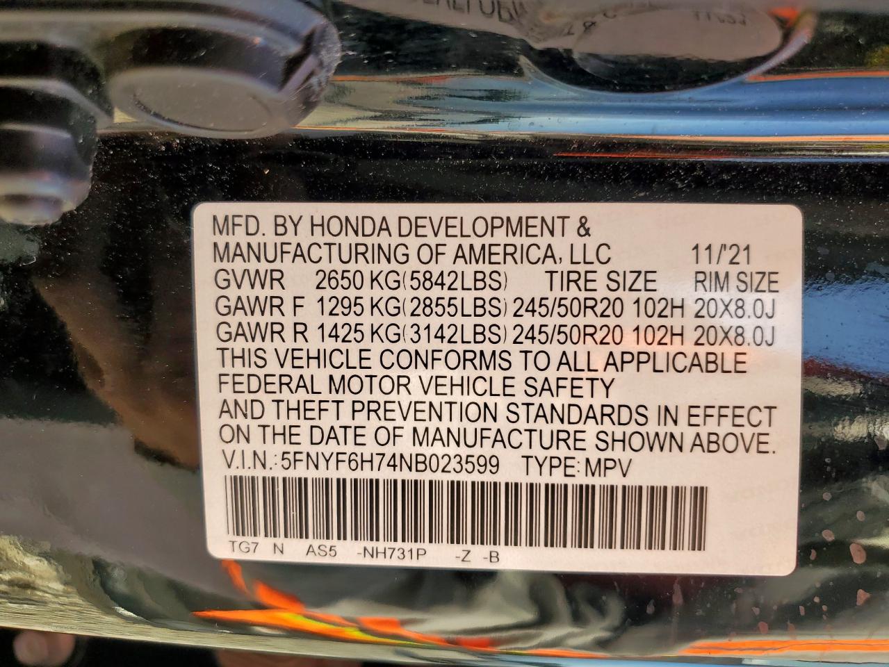 2022 Honda Pilot Black VIN: 5FNYF6H74NB023599 Lot: 64214835