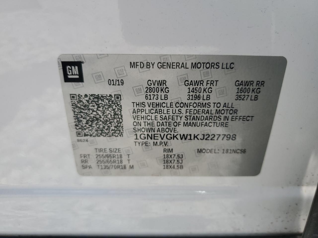 2019 Chevrolet Traverse Lt VIN: 1GNEVGKW1KJ227798 Lot: 64696245