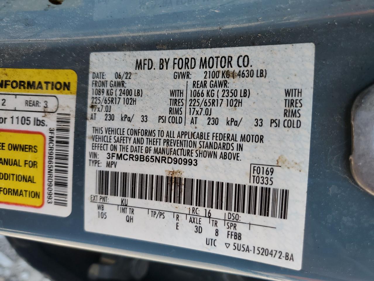 2022 Ford Bronco Sport Big Bend VIN: 3FMCR9B65NRD90993 Lot: 64751625