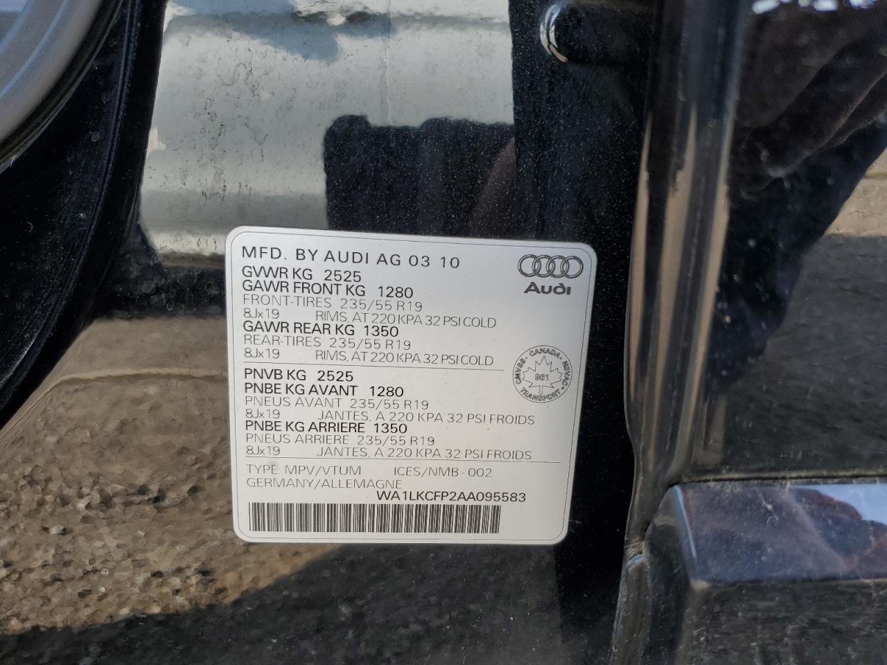 2010 Audi Q5 Premium Plus VIN: WA1LKCFP2AA095583 Lot: 62878225